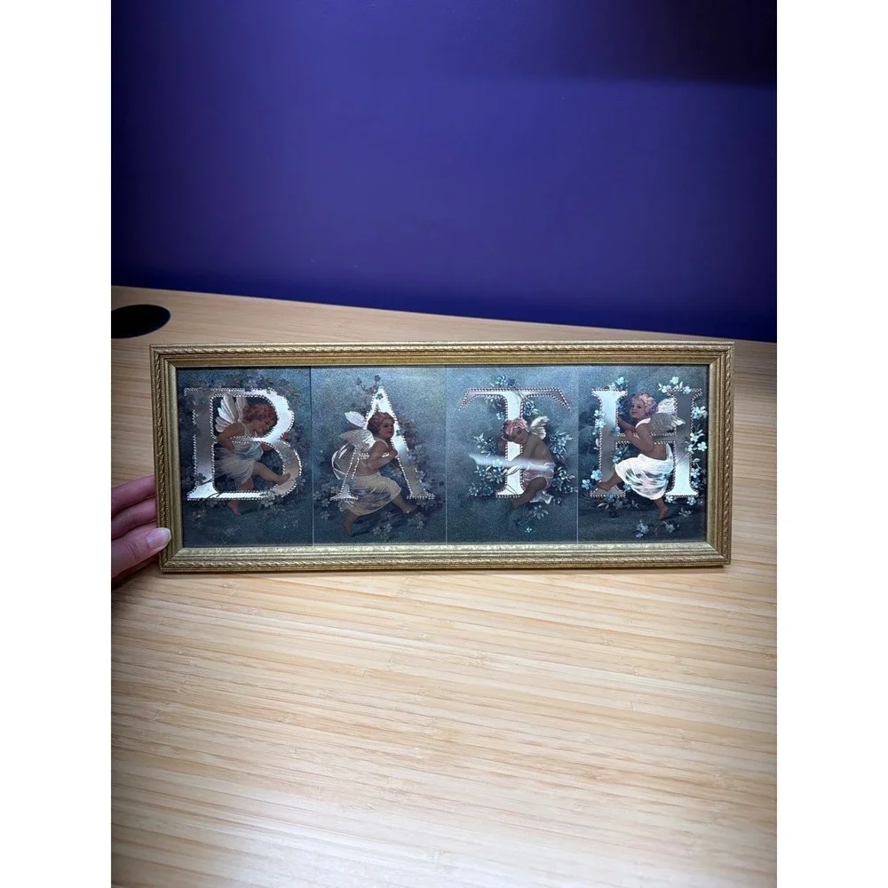 Vintage Framed‎ BATH Cherub Angel Bathroom Wall Art Gold Frame 17.5x7